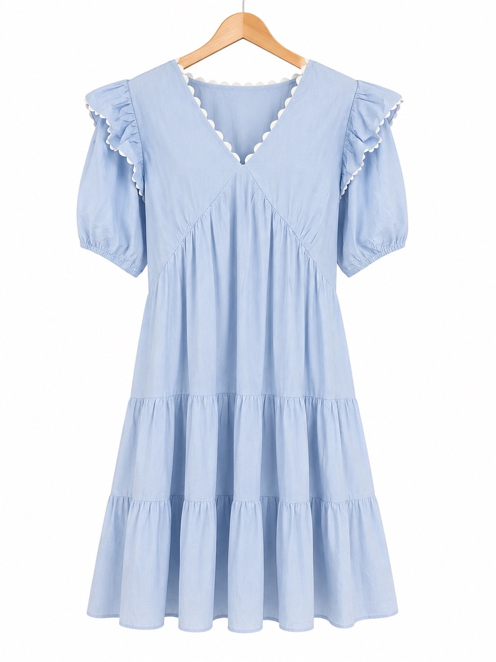Simply Southern Light Blue Tiered Dress Small Scallop Trim Cottagecore